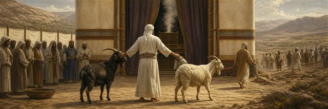 The high priest beside two goats while one is led from the tabernacle toward the wilderness