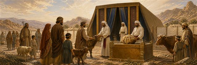 Israelite families bringing animals to priests at the tabernacle entrance