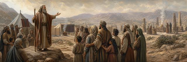 Moses teaching Israelite households as they turn away from foreign cult pillars