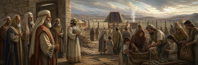 Israelite elders teaching at the camp gate as families remove foreign idols