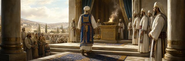 The high priest approaching the altar while other priests stand ready for service