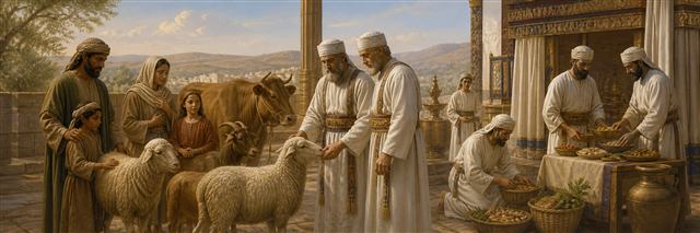 Priests examining sheep and cattle while other priests prepare sacred food