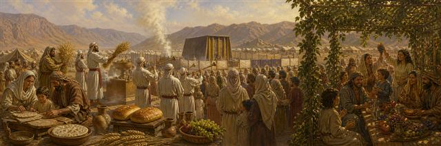 Israelites observing seasonal festivals with grain, bread, trumpets, and leafy booths