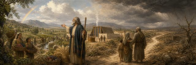Moses teaching beside a flourishing harvest and a distant landscape under gathering clouds