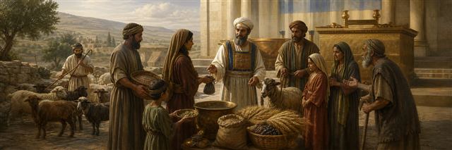 A priest assessing coins, grain, livestock, and land as a shepherd counts animals
