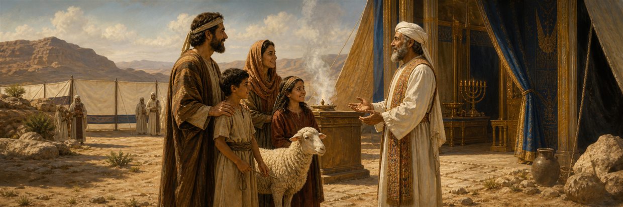 An Israelite family presenting an unblemished sheep for a peace offering