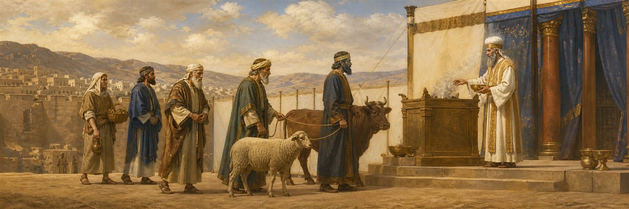 Community representatives bringing offerings for unintentional sin to the priest