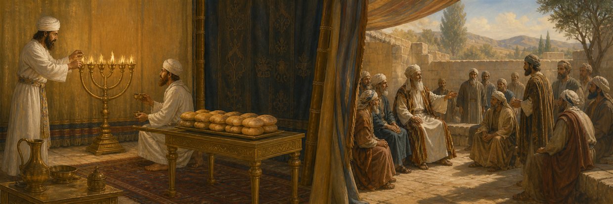 Priests tending the lampstand and bread table as elders hear a dispute outside