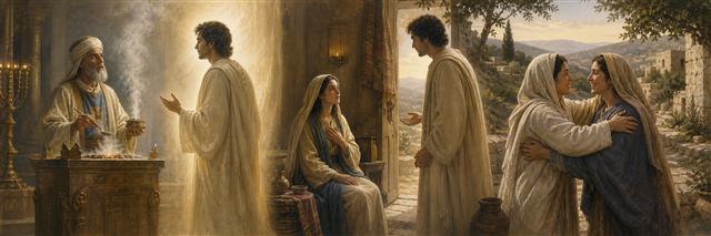 Zechariah beside the incense altar as Mary receives news and later embraces Elizabeth