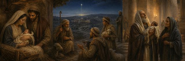 Mary and Joseph with newborn Jesus as shepherds arrive and Simeon welcomes him in the temple