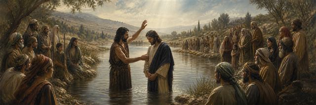 John baptizing Jesus in the Jordan while diverse families and generations gather along the banks