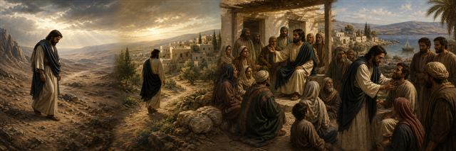 Jesus leaving the wilderness to teach in Nazareth and restore people gathered in Capernaum