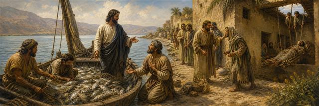 Jesus beside an overflowing fishing boat as a leper and a paralyzed man receive restoration