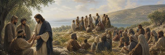 Jesus restoring a man’s hand before choosing the twelve and teaching a diverse crowd