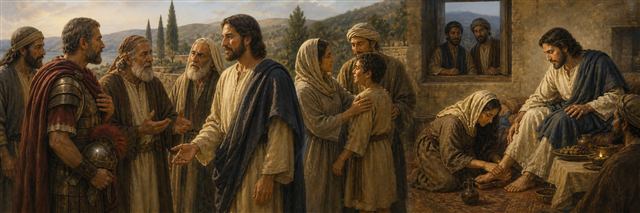 A centurion’s elders approach Jesus as restored families gather and a woman anoints his feet