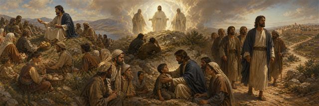 Jesus feeding a crowd and standing luminous on a mountain before turning toward Jerusalem