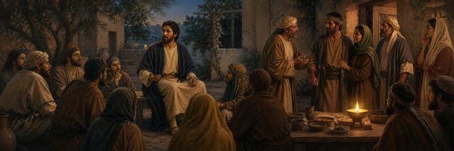 Jesus teaching disciples to pray as a restored family gathers beside a lamp shining openly