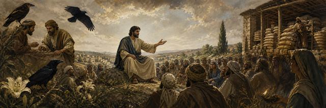 Jesus teaching between ravens, lilies, an overfilled storehouse, and servants holding ready lamps