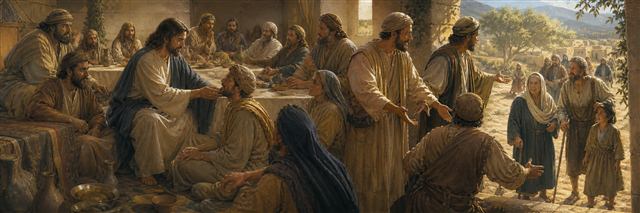Jesus healing at a Sabbath meal as servants welcome poor and disabled neighbors to a banquet