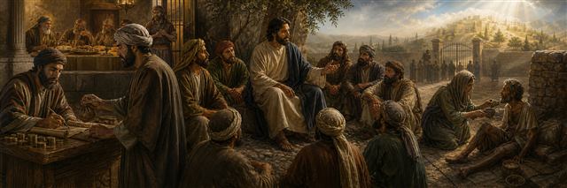 A manager settling accounts as poor Lazarus receives care outside a wealthy household’s gate