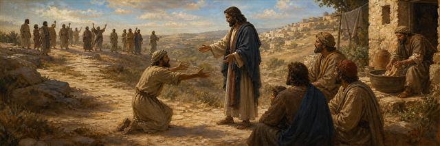 One restored man returning to thank Jesus while disciples and an ordinary servant listen nearby
