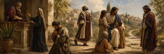 A widow appealing to a judge as a humble man prays and Jesus welcomes children nearby