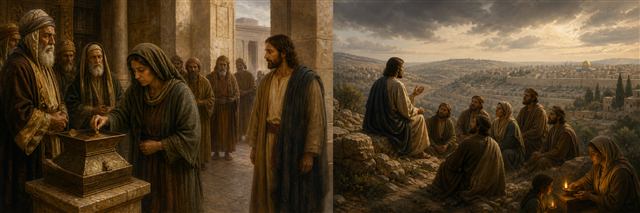 A widow placing two coins in the treasury as Jesus later teaches above Jerusalem