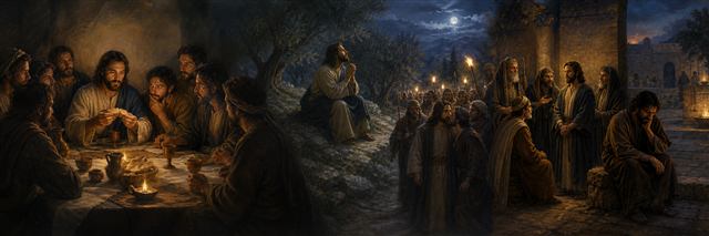 Jesus sharing Passover before praying on the Mount of Olives as arresters approach and Peter grieves