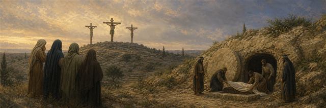 Women looking toward three crosses with Jesus centered as Joseph prepares a nearby rock tomb