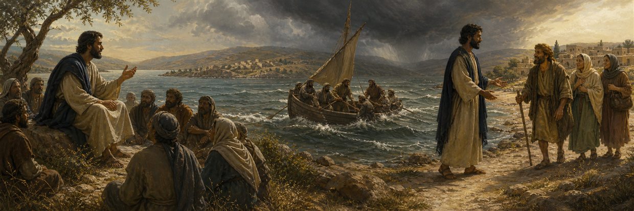 Jesus teaching beside Galilee as disciples cross stormy water and restored people meet him