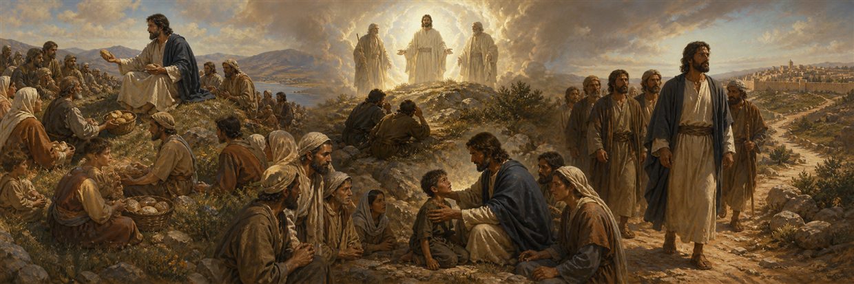 Jesus feeding a crowd and standing luminous on a mountain before turning toward Jerusalem