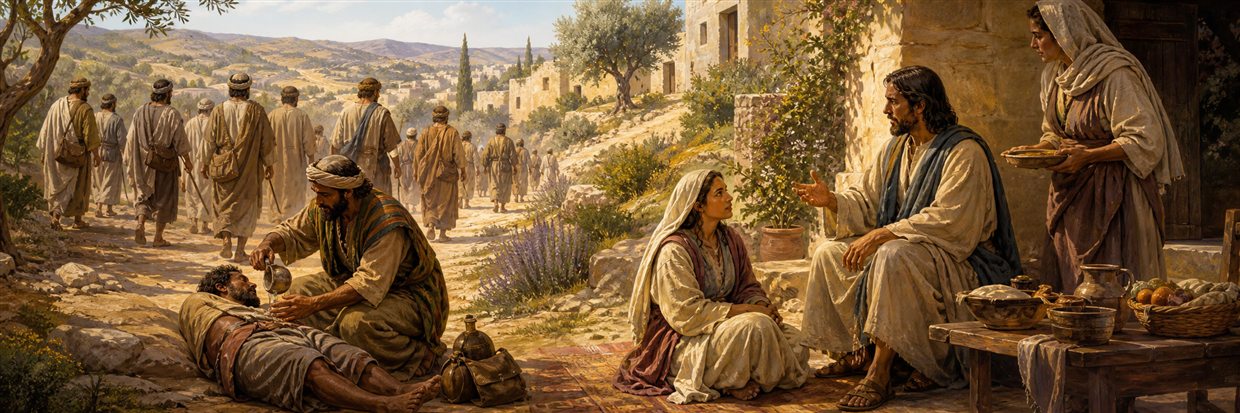 Disciples departing in pairs as a Samaritan tends a traveler and Mary listens beside Martha