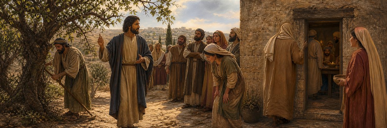 Jesus teaching beside a tended fig tree as a restored woman stands near a narrow doorway