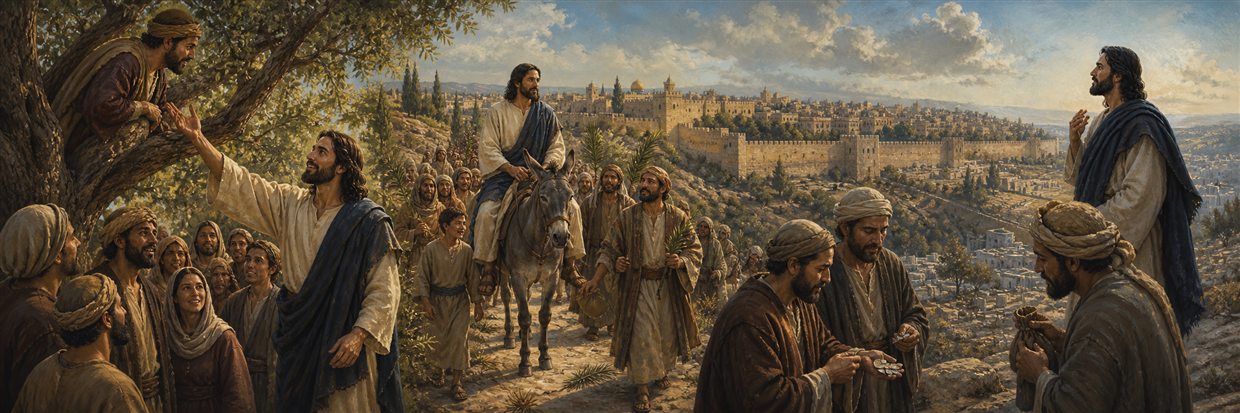 Jesus welcoming Zacchaeus from a sycamore tree before riding a colt toward Jerusalem