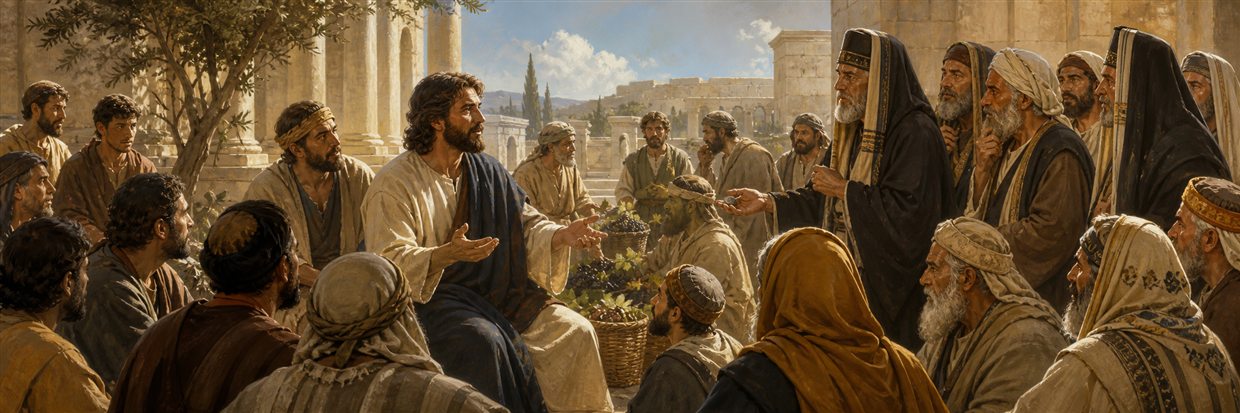Jesus answering temple questioners beside vineyard workers and an unmarked coin