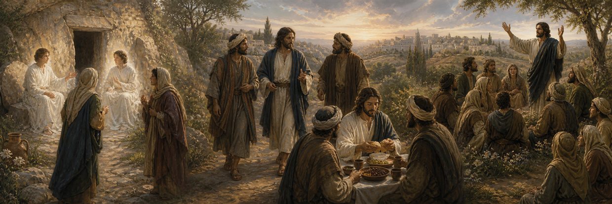 Women at the empty tomb as Jesus walks with Emmaus disciples and later blesses his followers