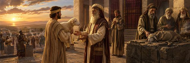 A priest receives a healthy unblemished lamb while corrupt priests present a weak animal nearby and worshipers offer incense across the horizon