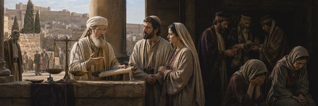 An elder priest teaches from a blank scroll beside balanced scales and a united couple as corrupt priests trade favors near grieving abandoned women