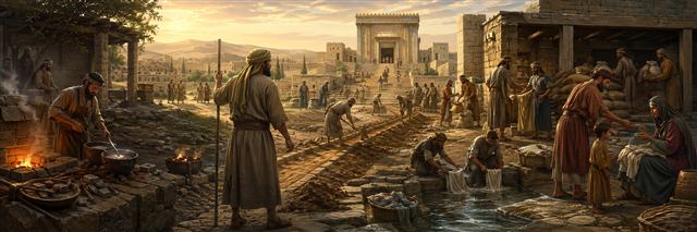 A messenger stands beside a prepared road to the temple as silver is refined, cloth is washed, storehouses fill, and vulnerable families receive care