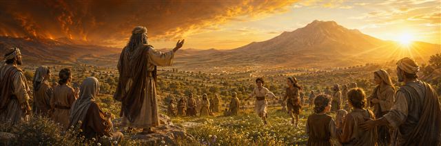 Children leap joyfully in a green field beneath a healing sunrise as an Elijah-like prophet gathers parents and children toward reconciliation