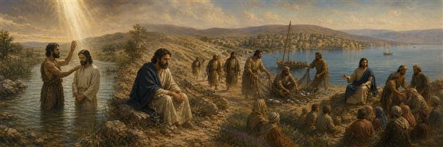 John baptizing Jesus as fishermen leave their nets and Galilean crowds gather beyond