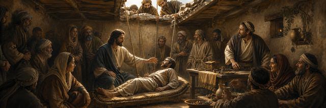 Friends lowering a paralyzed man through a roof as Jesus welcomes him beside a shared meal