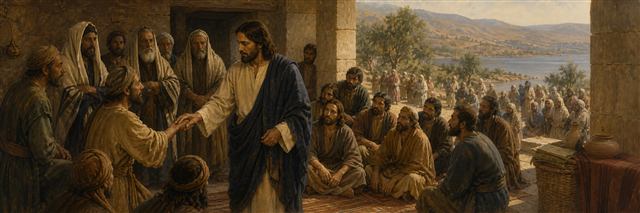 Jesus restoring a man’s withered hand while the twelve and lakeside crowds gather nearby