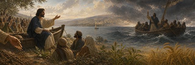 Jesus teaching from a boat beside growing seed while disciples face a storm farther across the lake