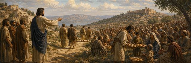 Jesus sending the twelve in pairs while disciples distribute bread to a large hillside crowd