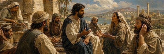 Jesus teaching beside washing vessels as a Syrophoenician mother appeals and a restored man listens