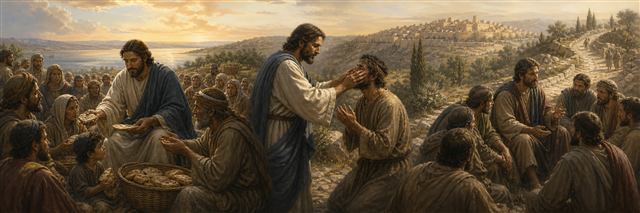 Jesus sharing bread and restoring a blind man as Peter speaks among disciples on the road