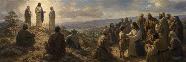 Jesus standing luminous with Moses and Elijah before returning to welcome a child among disciples