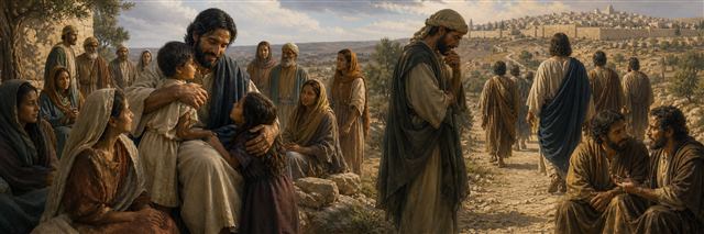Jesus embracing children as a wealthy man reflects and disciples continue toward Jerusalem