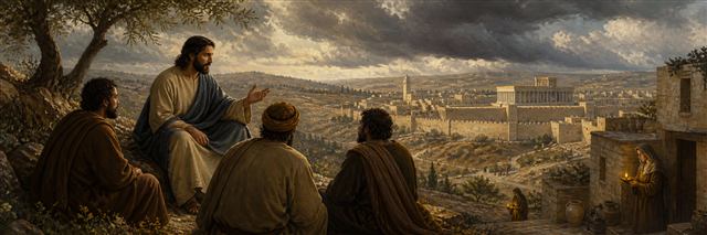 Jesus teaching four disciples above Jerusalem as storm clouds gather and household lamps remain ready